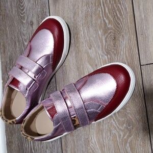 Elephantito metallic pink and red leather Velcro strap sneakers. NWOT. Size 5